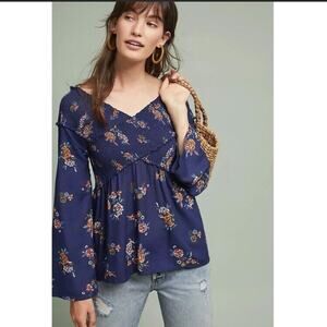 ANTHROPOLOGIE RANNA GILL sz L Rachael smocked criss cross top EUC